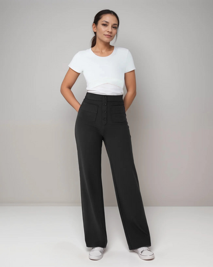 Calças Rectas de Cintura Alta com Botões Decorativos e Bolsos Frontais de Estilo Utilitário