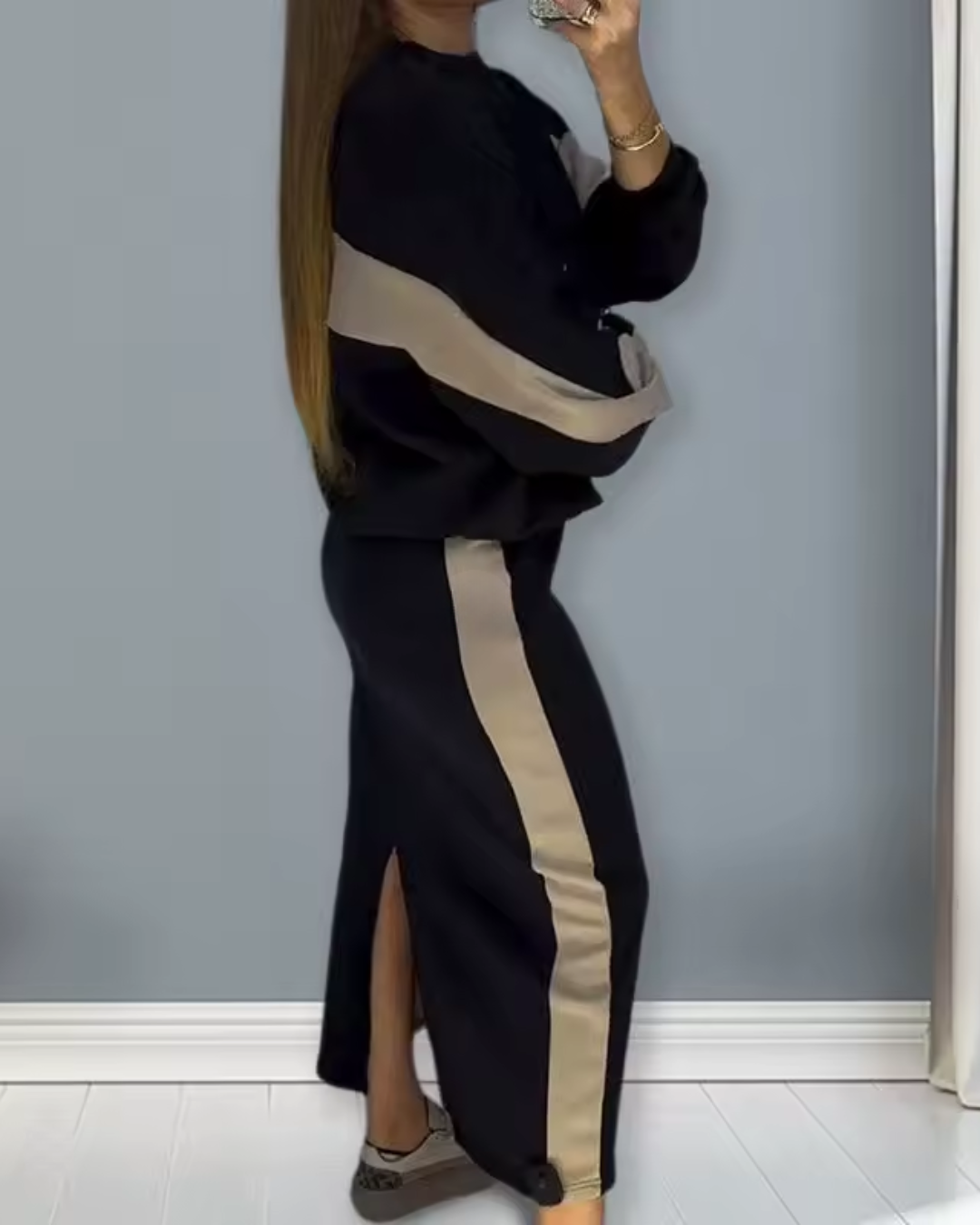 Conjunto folgado com top de manga comprida e saia com abertura para mulher®