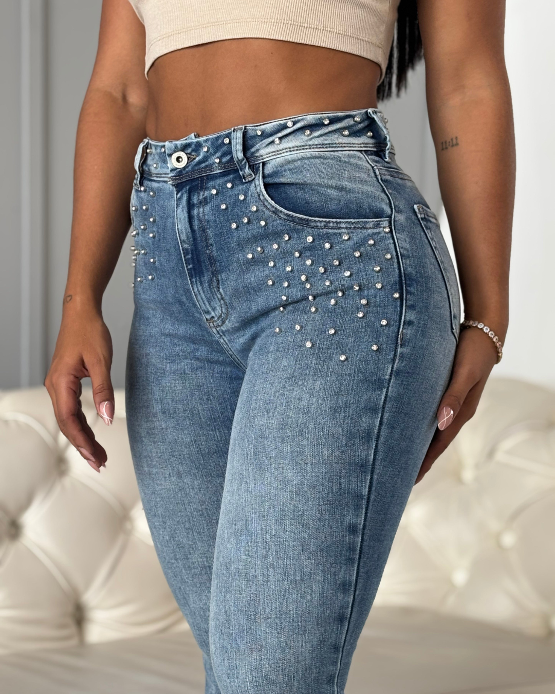 Calças Boca de Sino com Cristais
