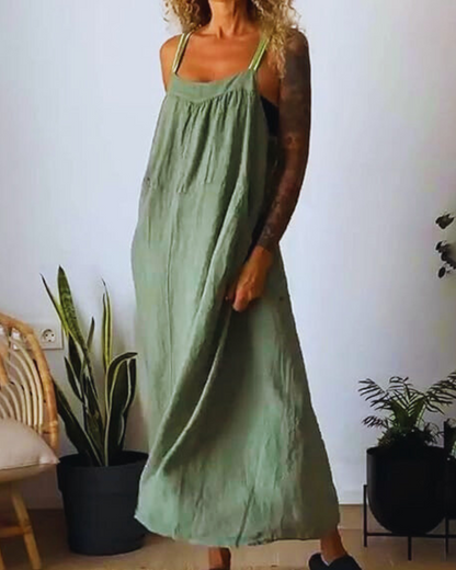 Vestido longo de linho para mulher com alças finas