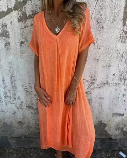 Vestido midi com decote em V em algodão e linho