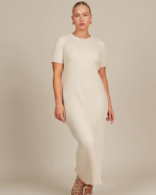 Vestido Comprido com Mangas Curtas e Tecido Canelado de Malha para Mulher