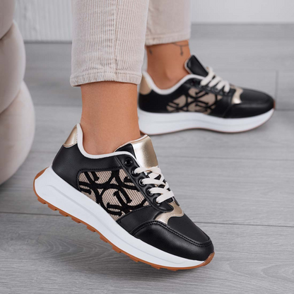 Sapatilhas Pretas para Mulher com Textura Elegante e Detalhes Dourados