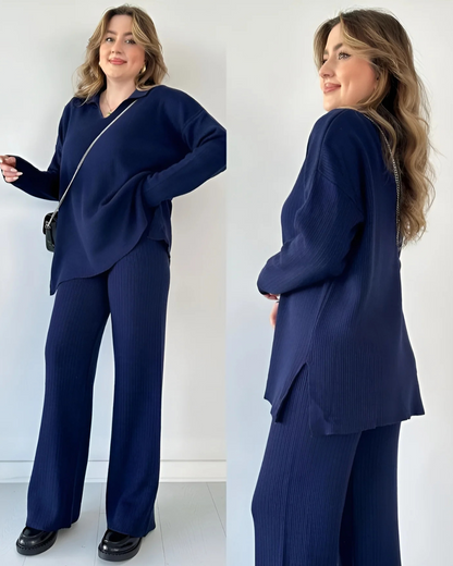 Conjunto Casual de Camisola de Malha de Manga Comprida e Calças Largas