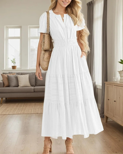 Vestido longo para mulher com manga curta, decote em V e cintura elástica