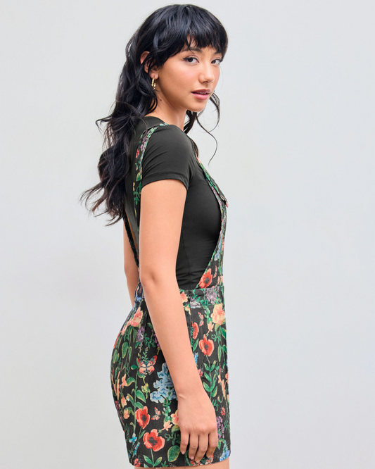 Macacão de Veludo Cotelê com Estampa Floral e Botões Frontais