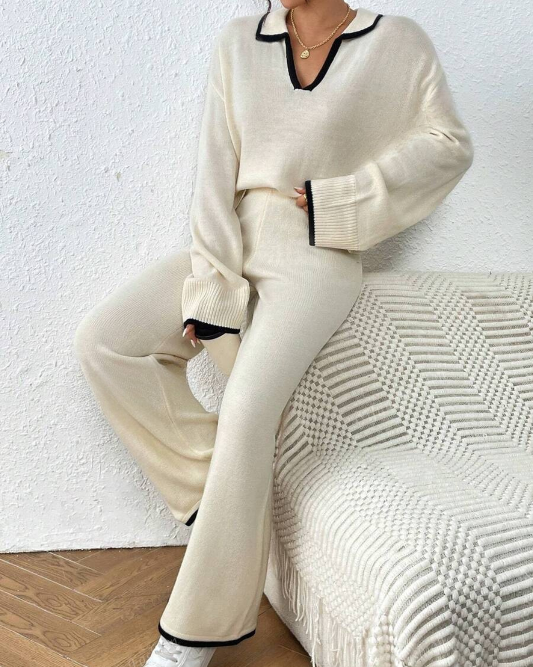 Conjunto de Camisola e Calças de Malha de 2 Peças com Acabamento em Cor Contrastante