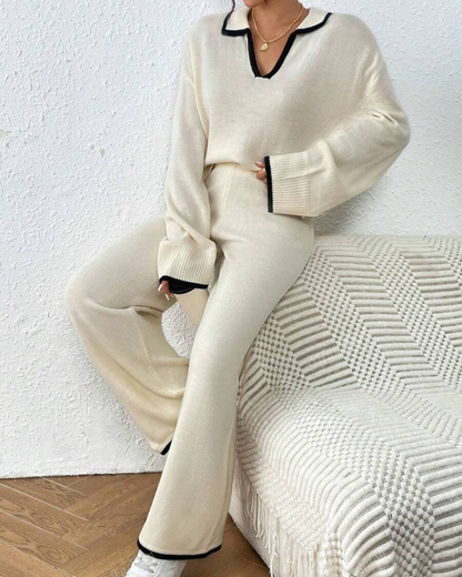 Conjunto de Camisola e Calças de Malha de 2 Peças com Acabamento em Cor Contrastante