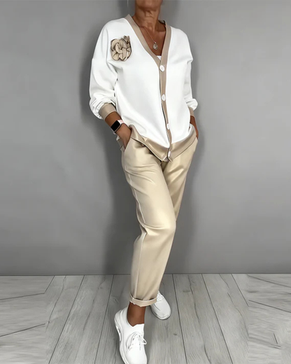 Conjunto elegante de camisa e calças de corte descontraído para mulher