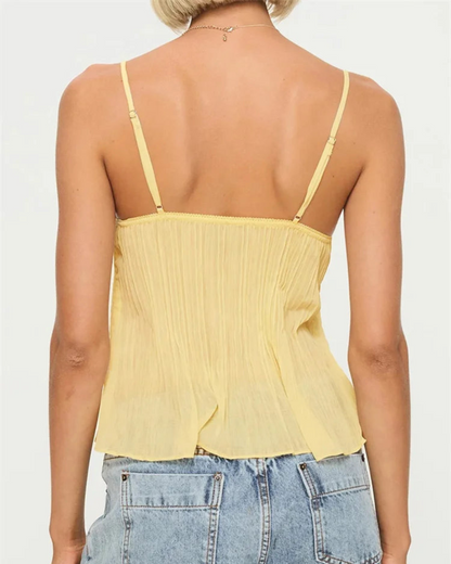 Top de Renda e Chiffon Plissado com Alças Finas