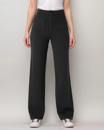 Calças Rectas de Cintura Alta com Botões Decorativos e Bolsos Frontais de Estilo Utilitário