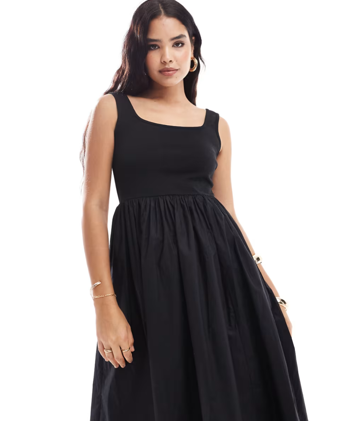 Vestido Comprido Sem Mangas com Corte na Cintura e Saia Larga para Mulher