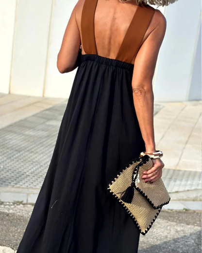 Vestido longo elegante com decote cruzado sem mangas para mulher