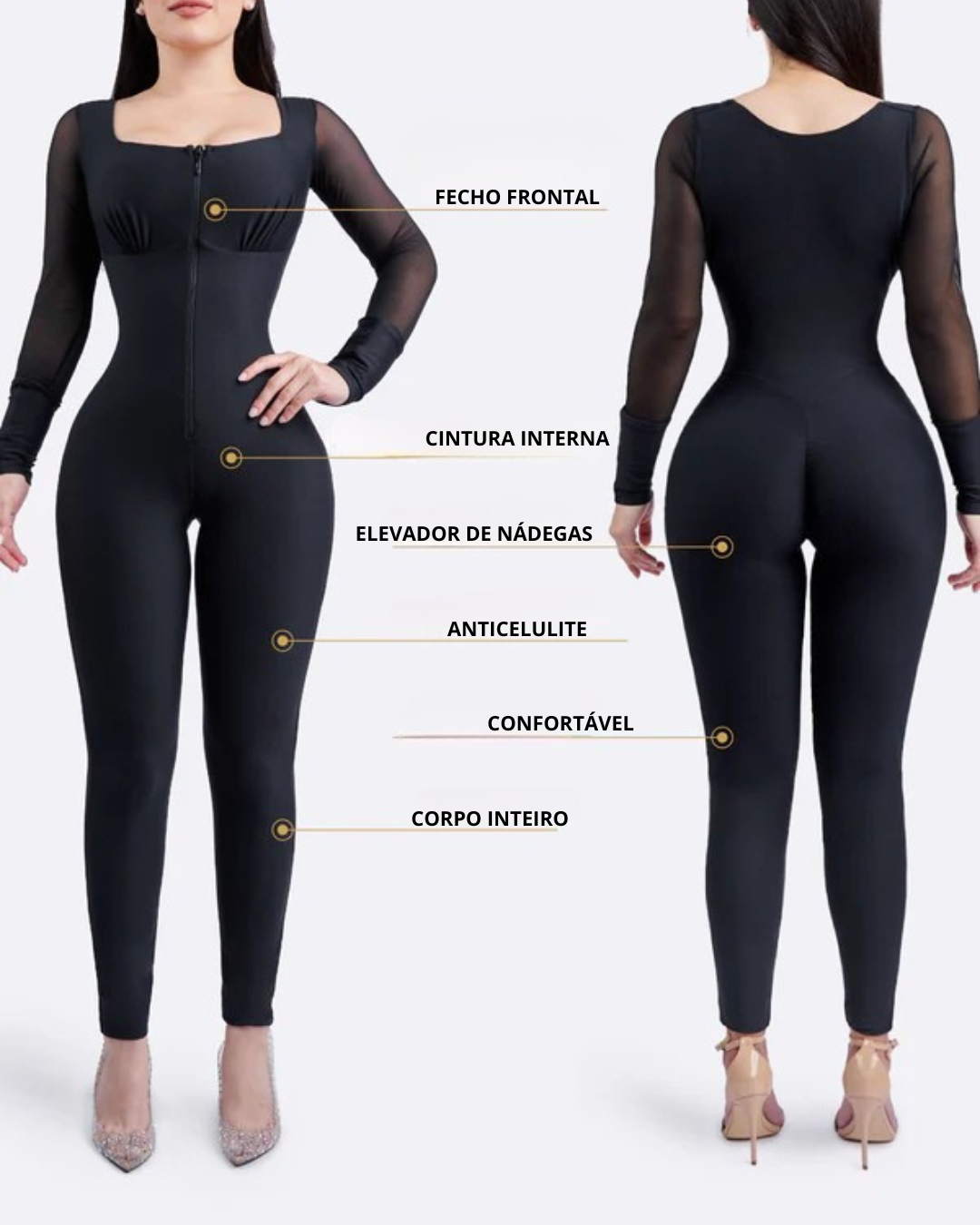Modelador de Corpo Inteiro com Fecho Frontal e Efeito de Levantamento do Rabo