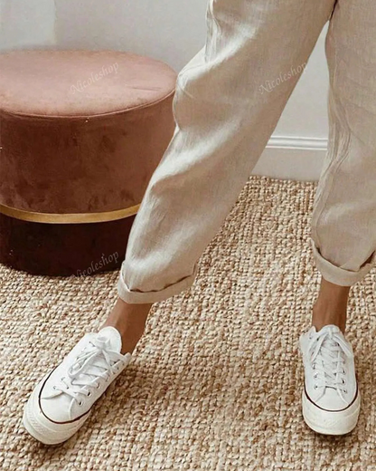 Calças Capri de algodão e linho para mulher