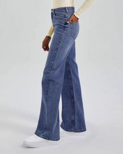 Calça Jeans Feminina Cintura Alta com Pernas Largas e Bolsos Múltiplos