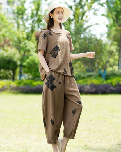 Conjunto de Duas Peças em Linho com Impressão Artística para Mulher