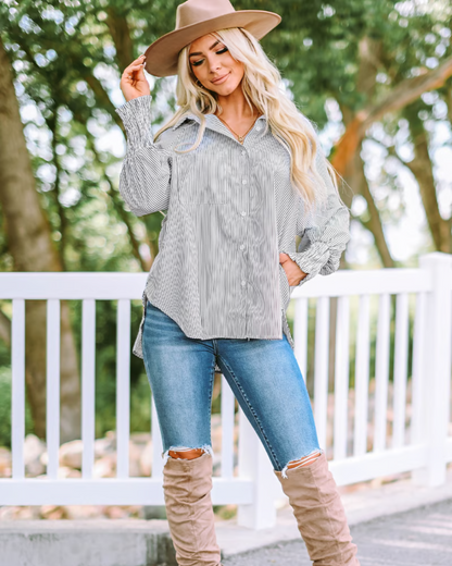 Camisa Midi com Gola Listrada e Mangas Oversized