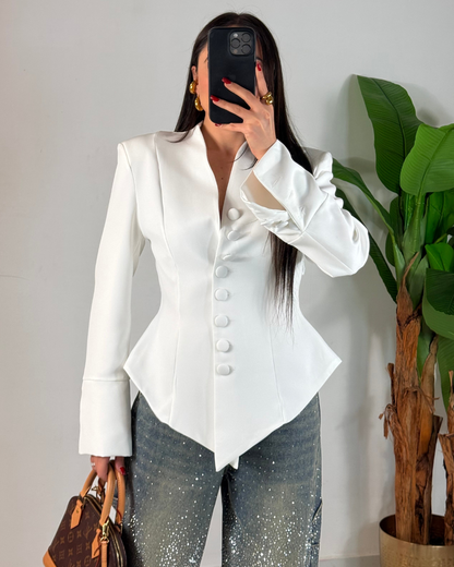 Blazer Feminino Elegante com Decote em V e Botões Forrados Moderno e Ajustado