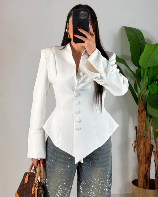 Blazer Feminino Elegante com Decote em V e Botões Forrados Moderno e Ajustado