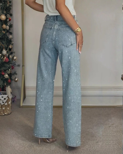 Calças de Corte Reto e Cintura Subida com Pormenores Brilhantes para Mulher