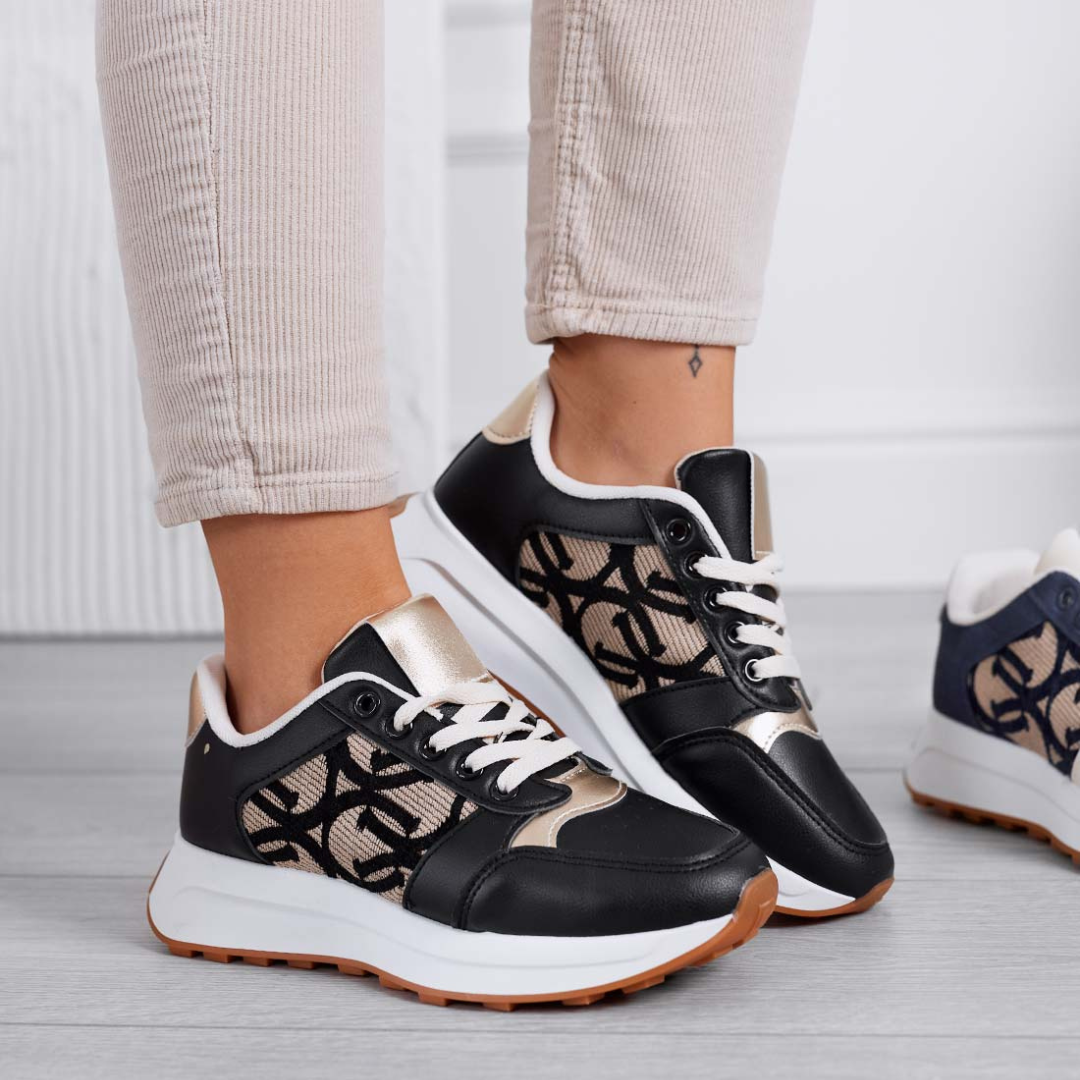 Sapatilhas Pretas para Mulher com Textura Elegante e Detalhes Dourados