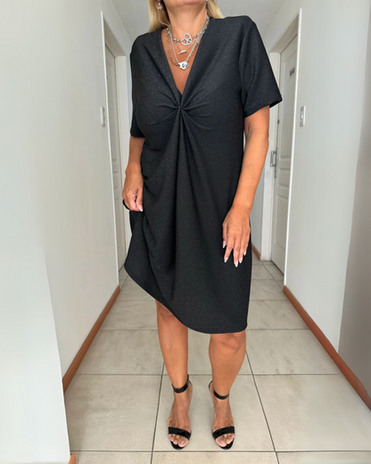 Vestido de Manga Curta com Folhos no Peito para Mulher