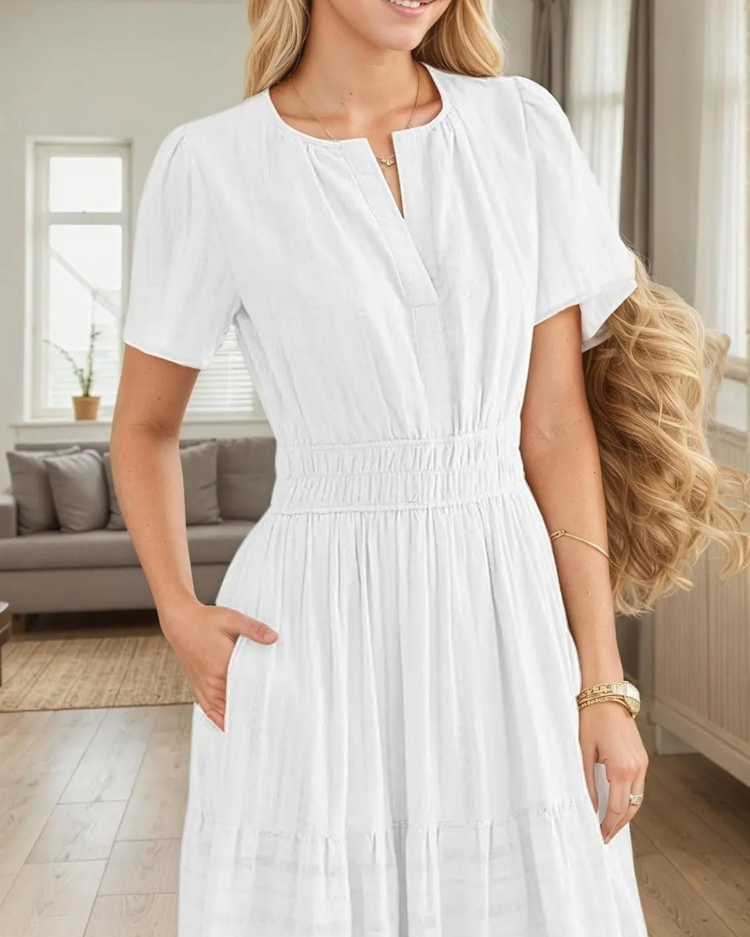 Vestido longo para mulher com manga curta, decote em V e cintura elástica