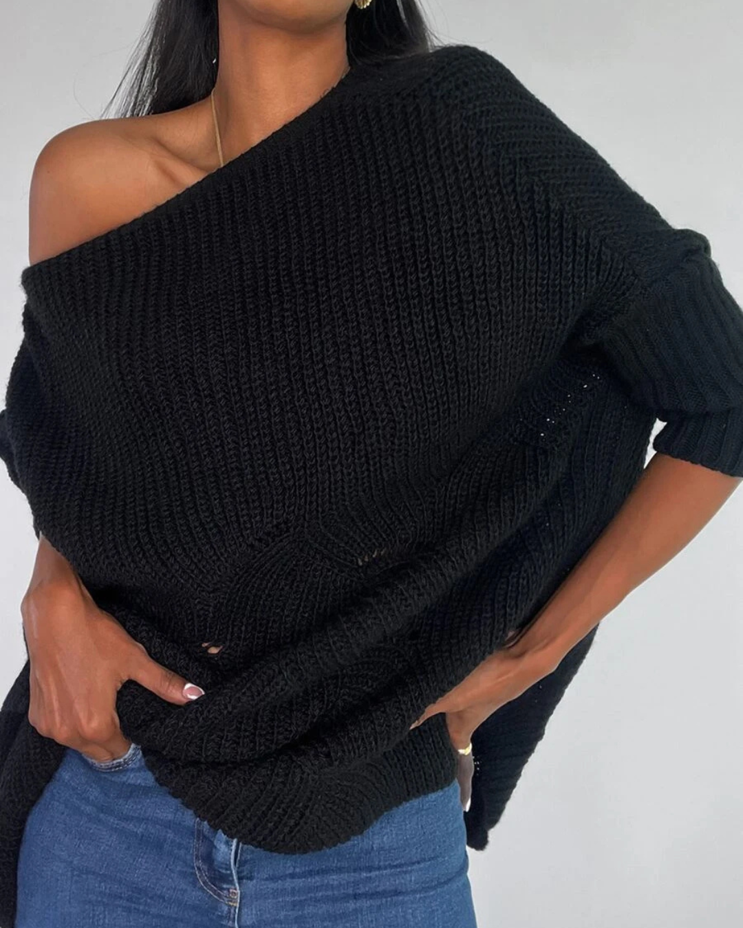 Camisola Unicolor com Gola Assimétrica para Mulher