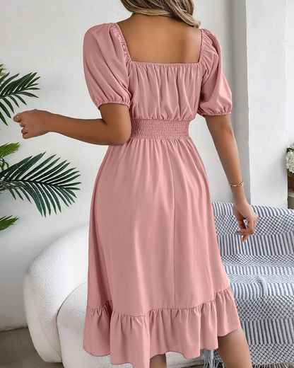 Vestido Elegante com Mangas Bufantes e Decote Quadrado