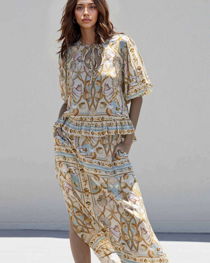 Blusa Boho Marinha com Estampa de Conchas e Estrelas do Mar