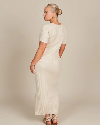 Vestido Comprido com Mangas Curtas e Tecido Canelado de Malha para Mulher