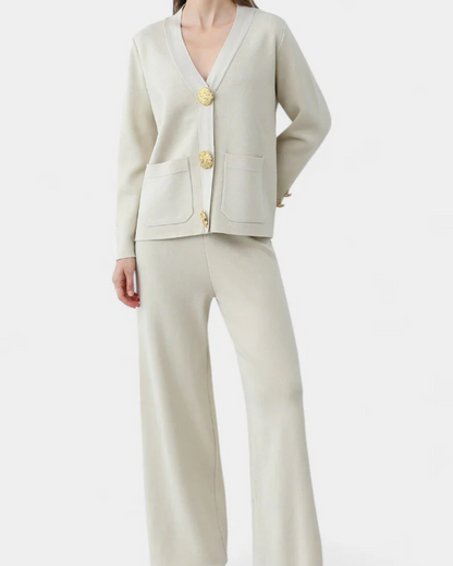 Conjunto de camisola de lã com botões metálicos e calças largas para mulher
