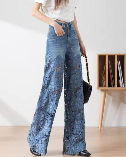 Calças de ganga de cintura média para mulher com botões e remendos de renda