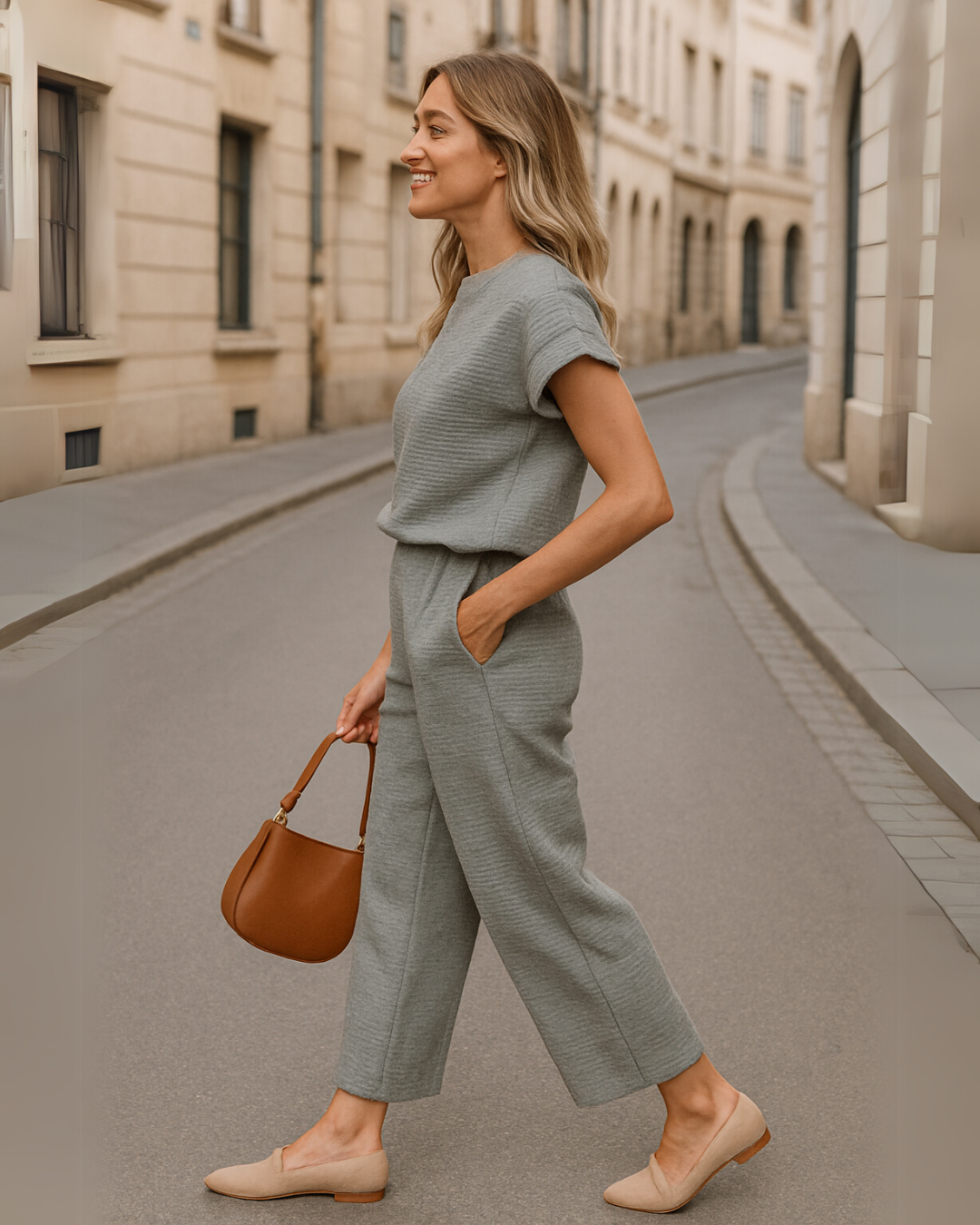 Conjunto Casual de Blusa Texturada e Calças Largas para Mulher