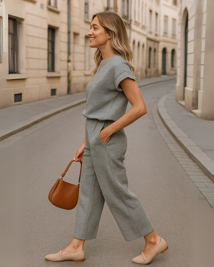 Conjunto Casual de Blusa Texturada e Calças Largas para Mulher