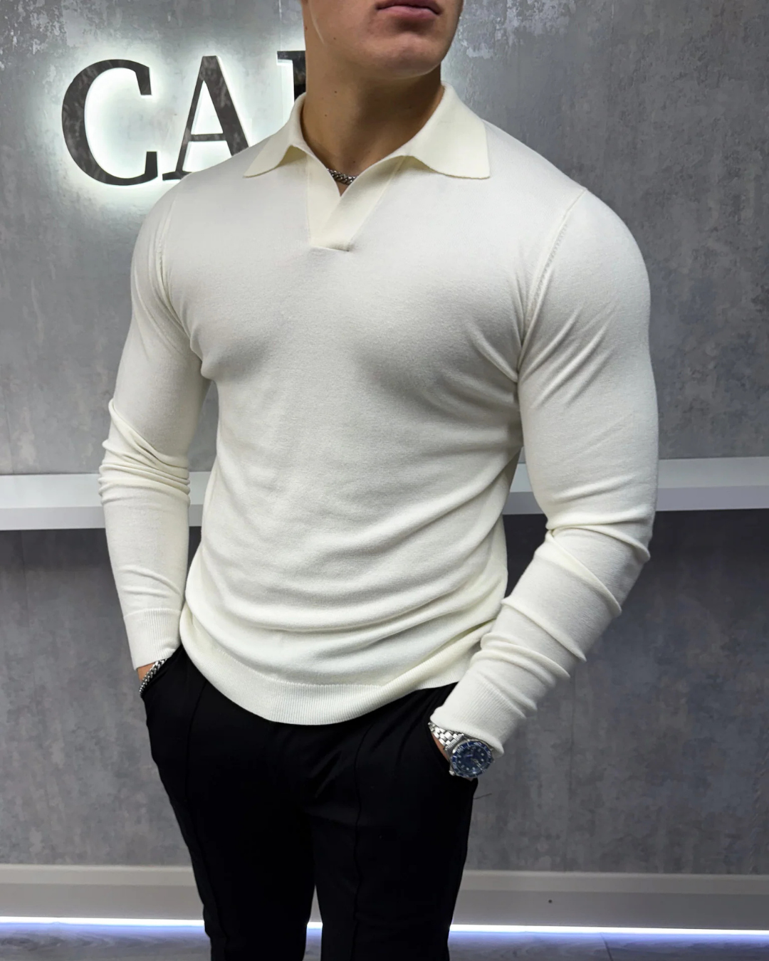 Polo de manga comprida suave e respirável para homem