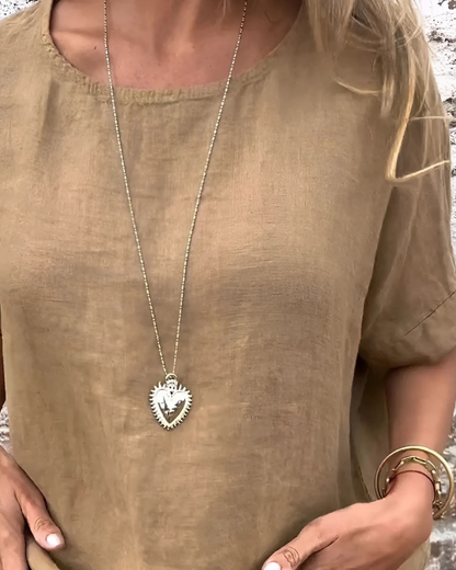 Blusa de Linho e Algodão com Gola Redonda e Meia Manga