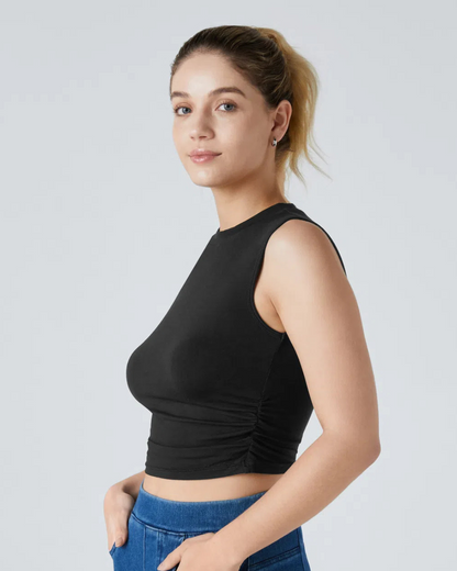 Top Casual Curto com Folhos e Decote Redondo