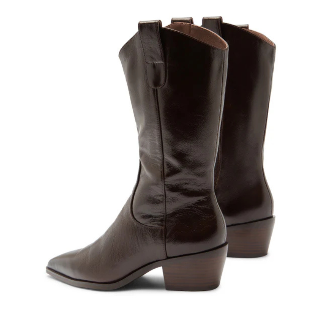 Botas de Couro Castanho com Biqueira Pontiaguda e Salto Baixo de Madeira