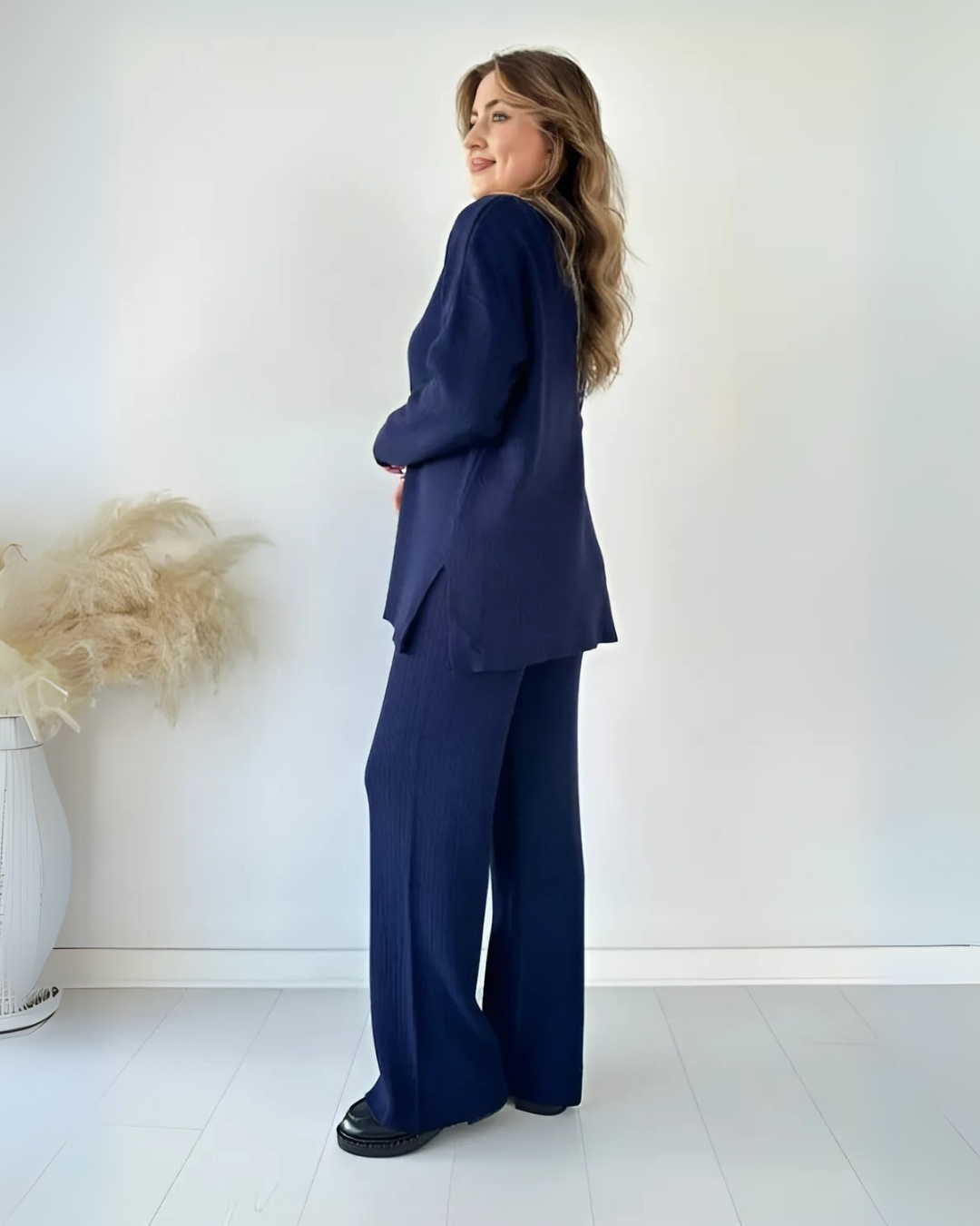 Conjunto Casual de Camisola de Malha de Manga Comprida e Calças Largas