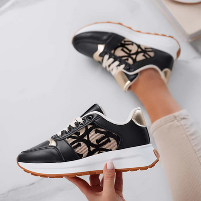 Sapatilhas Pretas para Mulher com Textura Elegante e Detalhes Dourados