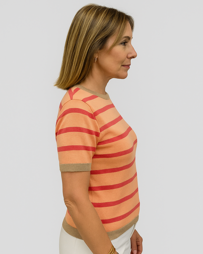 Camisa de Manga curta às riscas com gola Redonda em Estilo Casual