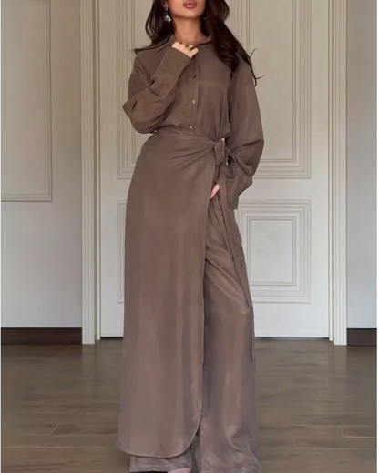 Conjunto Casual de Duas Peças com Camisa e Saia e Calças