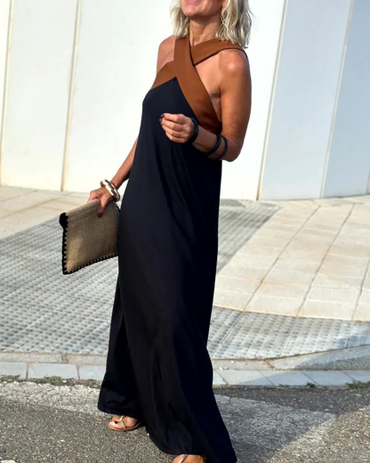 Vestido longo elegante com decote cruzado sem mangas para mulher