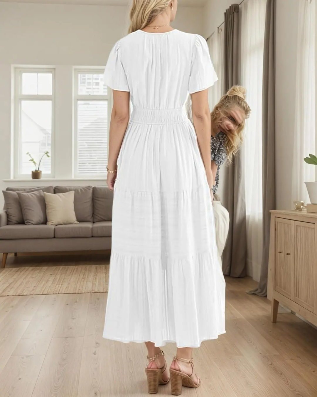 Vestido longo para mulher com manga curta, decote em V e cintura elástica