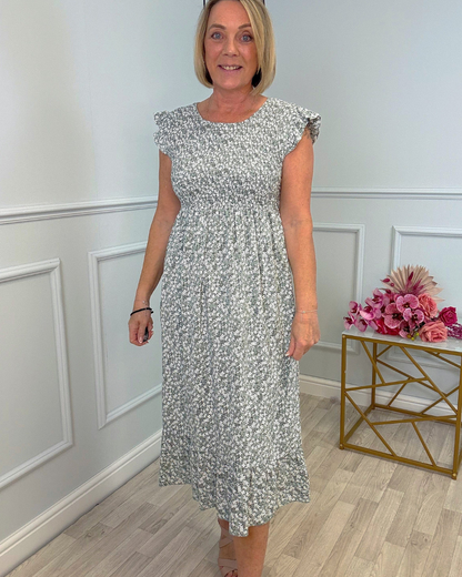 Vestido com estampado floral, cintura alta e mangas curtas para mulher