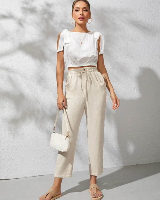 Calças Capri de algodão e linho para mulher