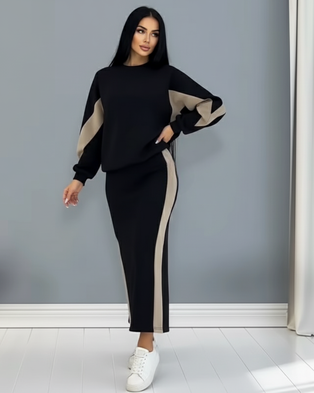 Conjunto folgado com top de manga comprida e saia com abertura para mulher®