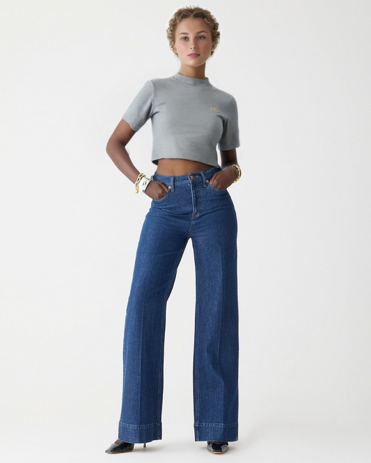 Calças de Ganga de Perna Larga de Cintura Subida com Controlo da Barriga